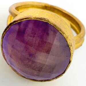 Amethyst & Brass Adjustable Ring With Textured Band Handmade Istanbul